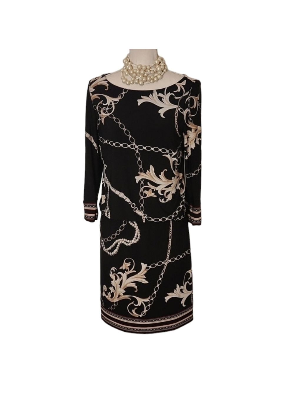 White House Black Market Dress Floral Link Blouson chain link Sz: S black/gold